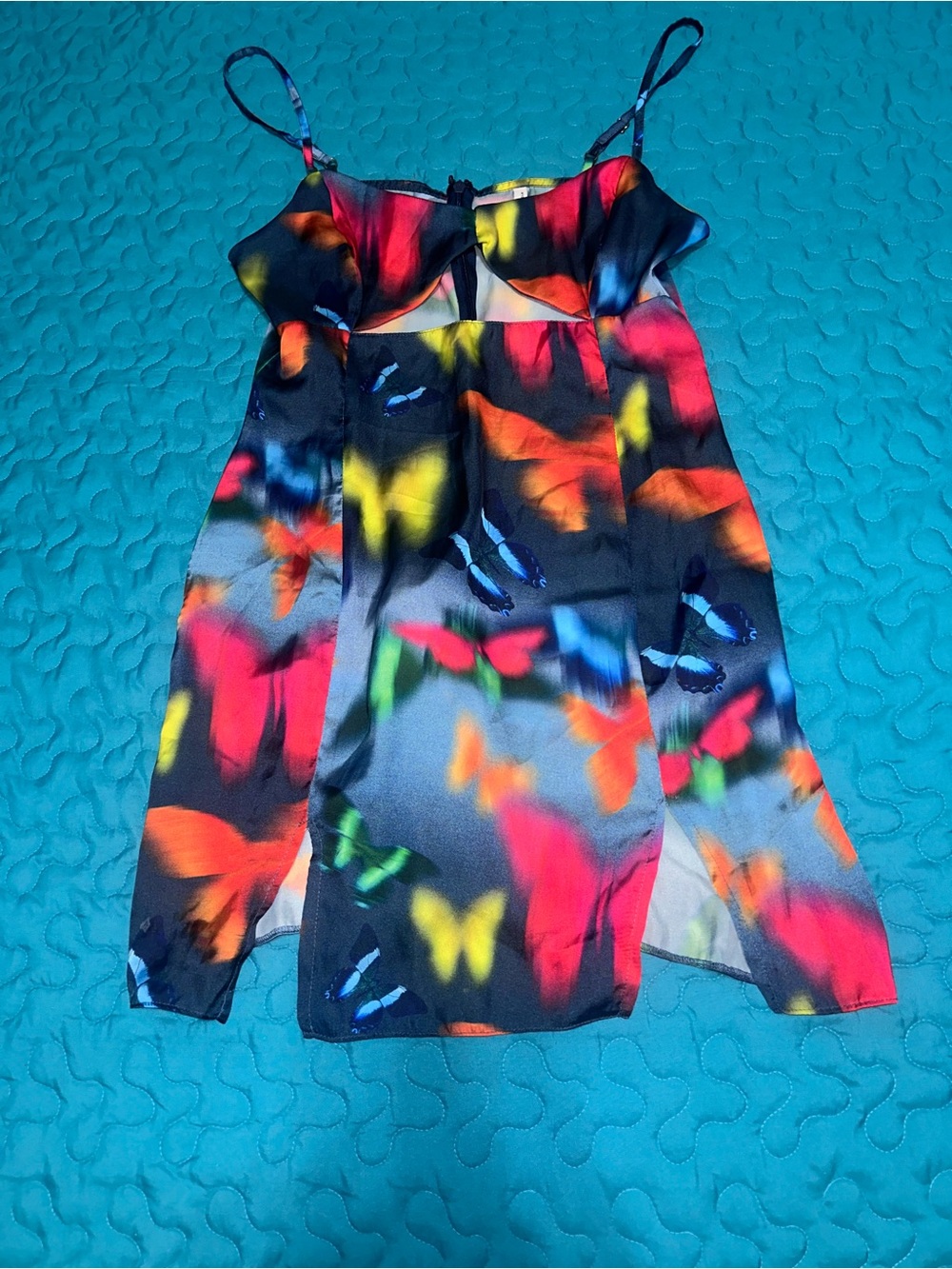 Mini Slip Dress with Vibrant Butterfly Print - Black Multicolor